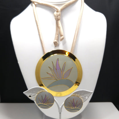 Laurel Burch "Bird of Paradise" Necklace & Earrings Set, Gold Plate Cloisonné Pastel Enamel, 1980s Vintage Jewelry