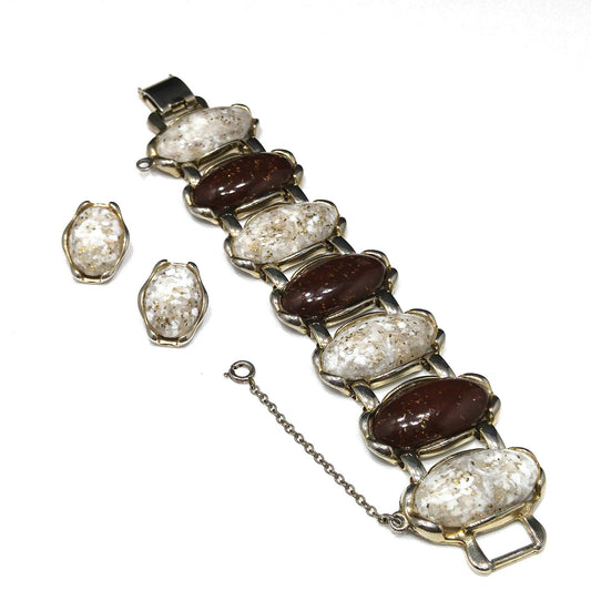 Lucite Confetti Cab Bracelet & Earrings, Gold Glitter Cabochons, 1950s Vintage Jewelry
