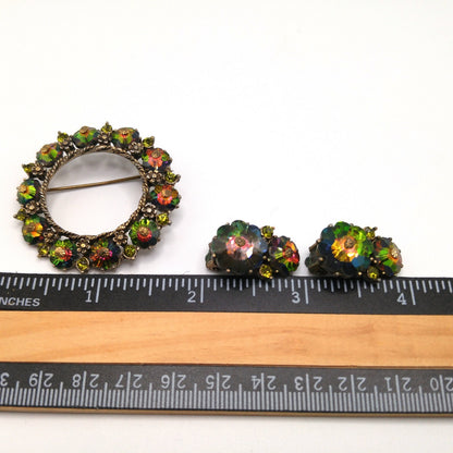 Vintage Weiss Margarita Rhinestone Brooch Earrings Set, Green Rhinestones, 1950s