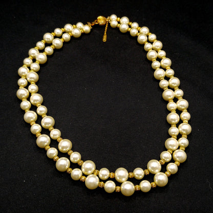Jackie Kennedy JBK Faux Pearl Necklace – Double Strand Gold Spacers, 1980s Vintage