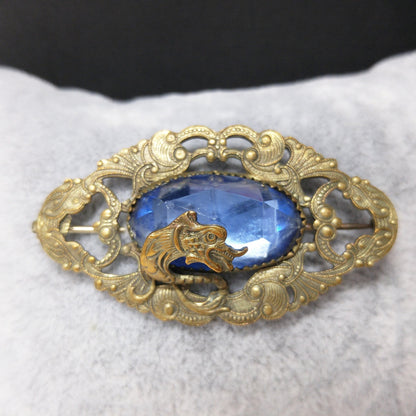 Antique Dragon Overlay Blue Glass Brooch, Edwardian Ornate Pin, 1910s Vintage Jewelry