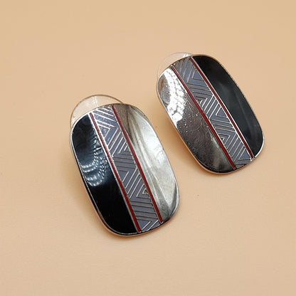 Laurel Burch "Loloma" Post Earrings, Reflective Silver, Red Black Enamel, 1980s