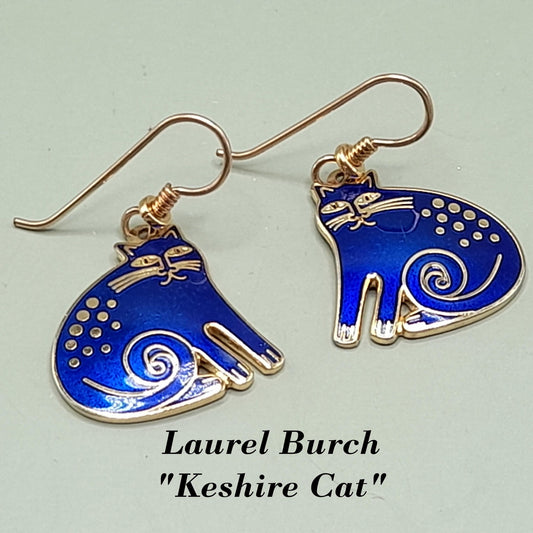 Vintage Laurel Burch "Keshire Cat" Drop Earrings, Blue Enamel, Gold Plate, 1980s Jewelry