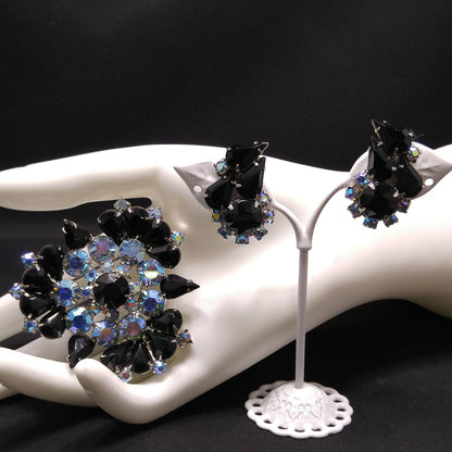 Black Aurora Borealis Brooch & Earrings, Rhodium Plated, 1960s Vintage Jewelry