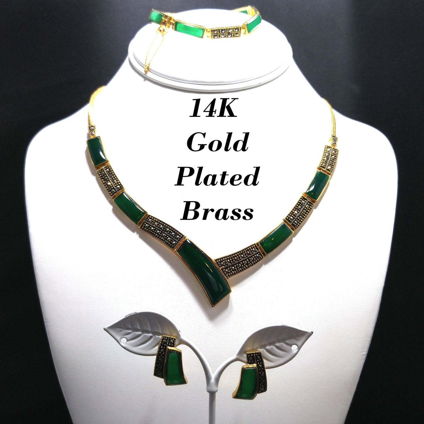 Vintage 14K Gold Plated Gemstone Jewelry: Necklace, Bracelet, Post Earrings, 1990s Vintage Jewelry