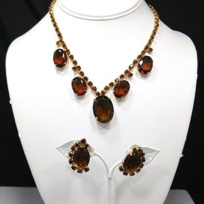 Vintage Topaz Rhinestone Necklace & Earrings, Large Faceted Rhinestones, 1960s Vintage Jewelry