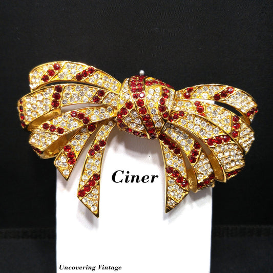 Vintage CINER Red Clear Rhinestone Bow Large Brooch, Gold Plated, Original Tags