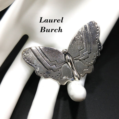 Laurel Burch Butterfly Brooch, Rhodium Plated, Black Enamel, 1980s Vintage Jewelry