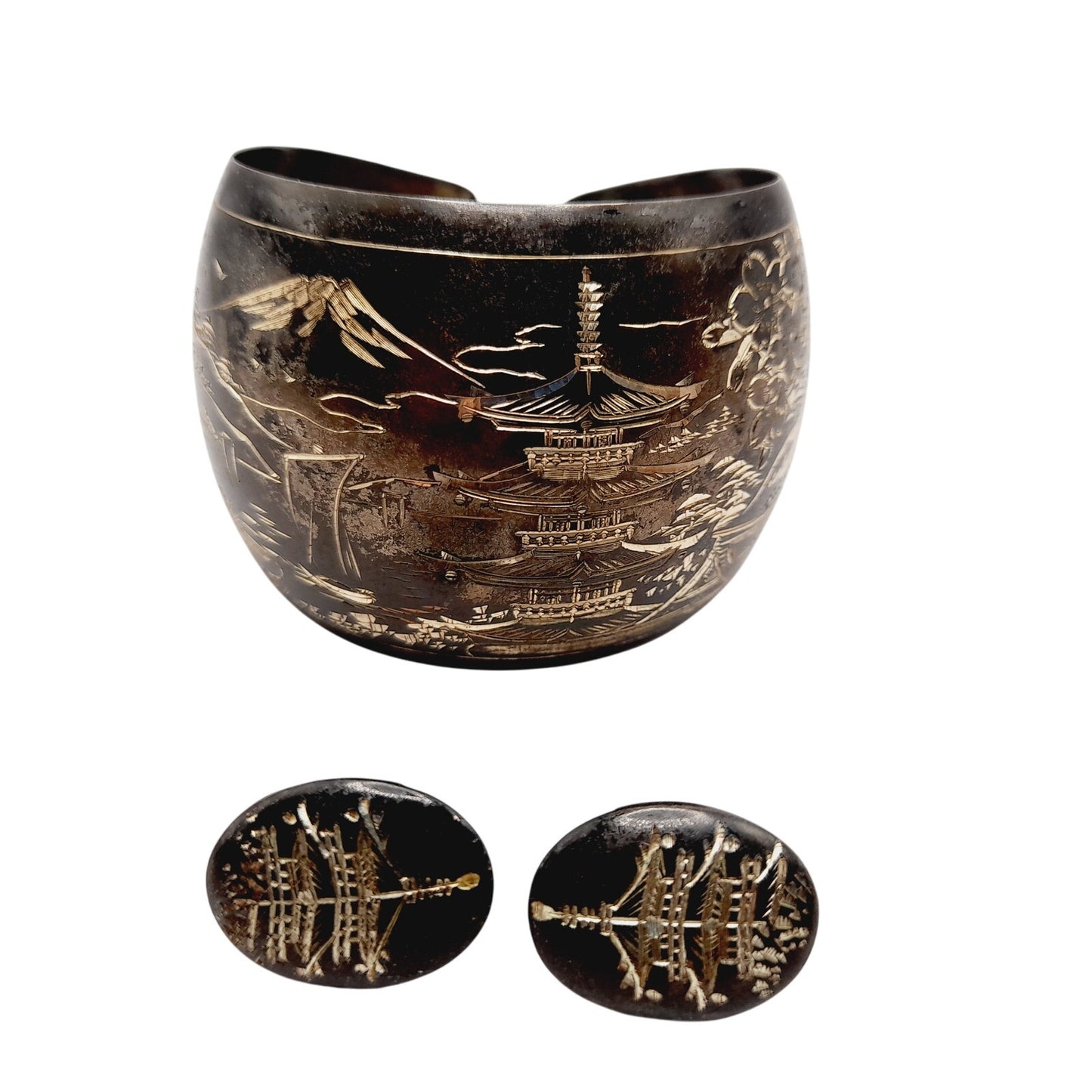 Vintage Japanese Damascene Niello 950 Silver Cuff Bracelet & Screwback Earrings Set