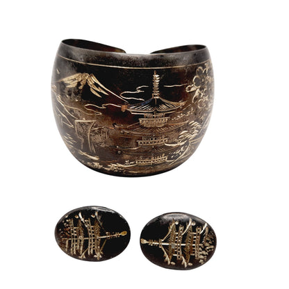 Vintage Japanese Damascene Niello 950 Silver Cuff Bracelet & Screwback Earrings Set