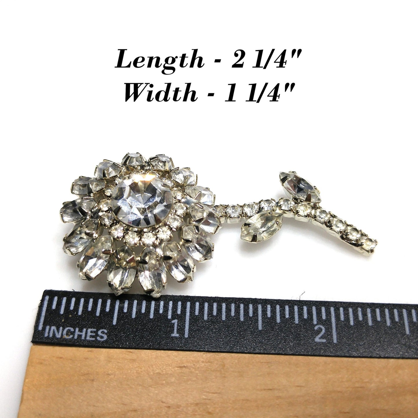 Clear Rhinestone Flower Brooch, Rhodium Plated, 1960s Vintage Jewelry