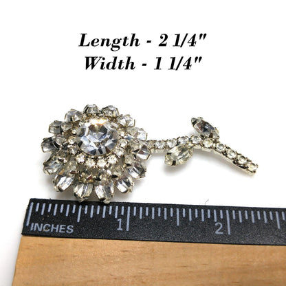 Clear Rhinestone Flower Brooch, Rhodium Plated, 1960s Vintage Jewelry
