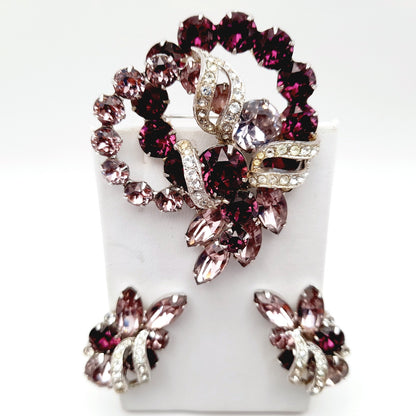 Vintage Eisenberg Purple Rhinestone Rhodium Plated Jewelry Set: Brooch Earrings