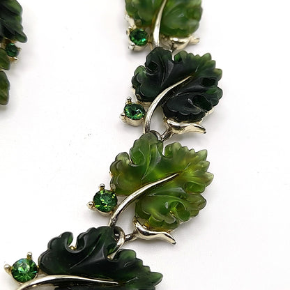 Vintage Lisner Rhinestone Lucite Necklace Earrings Set, Green Molded Leaves Jewelry, 1960s
