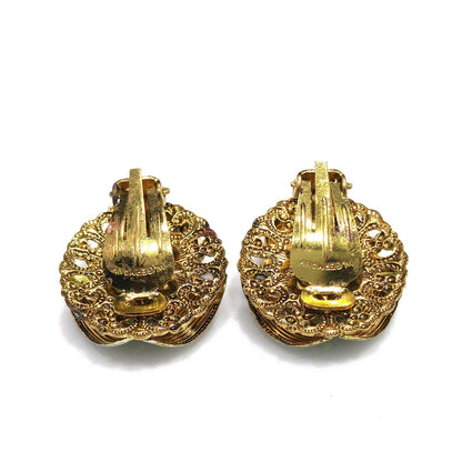 West Germany Green Clip Earrings, Filigree Green Enamel, Faux Pearls, 1950s Vintage Jewelry