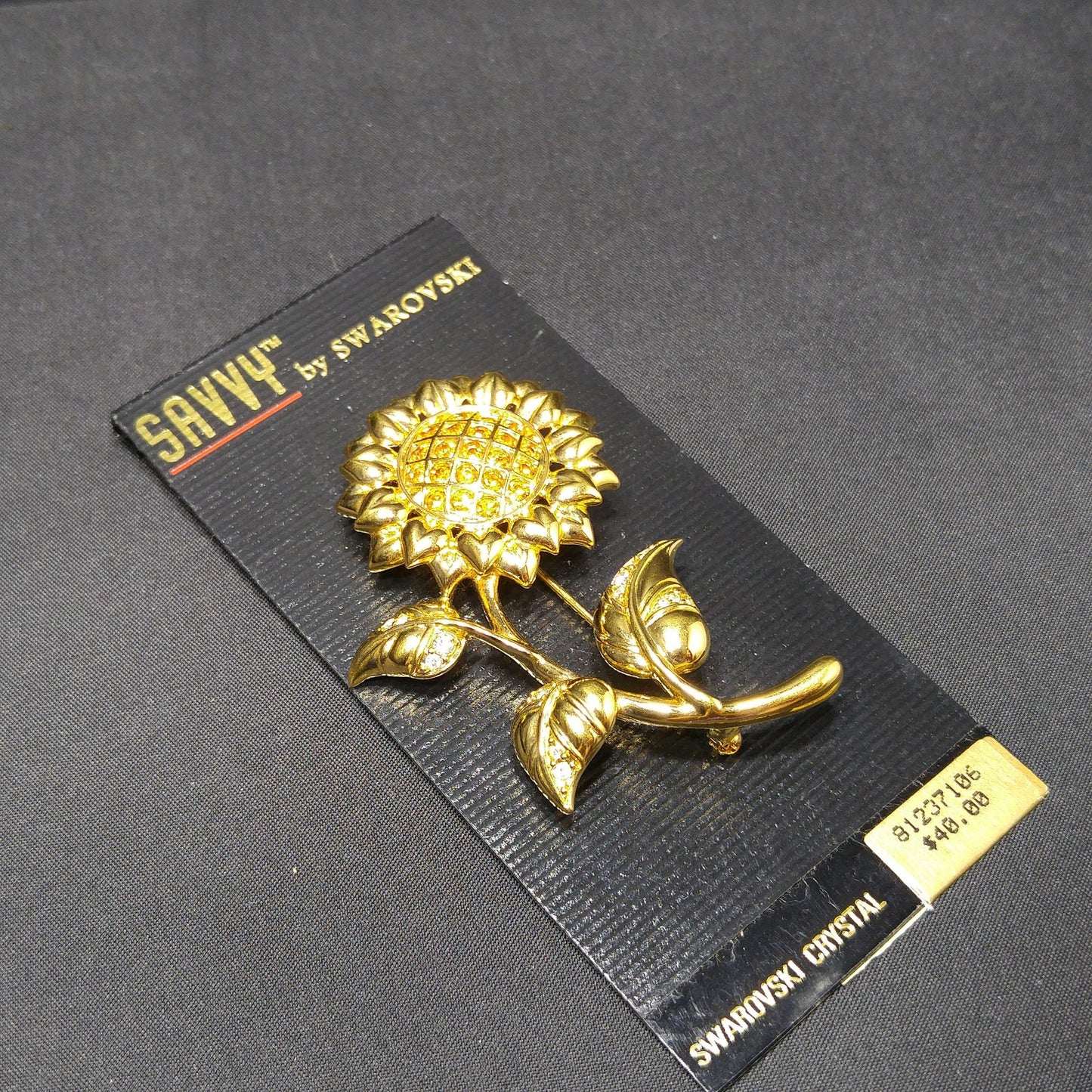 Savvy by Swarovski Sunflower Brooch, Gold Plated Crystal Flower Pin, 1990s Vintage Jewelry
