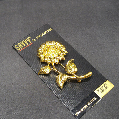 Savvy by Swarovski Sunflower Brooch, Gold Plated Crystal Flower Pin, 1990s Vintage Jewelry