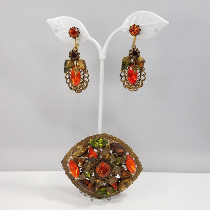 Vintage Filigree Rhinestone Brooch & Earrings, Orange Green Topaz Crystals, Floral Brass Tones, 1950s Vintage Jewelry