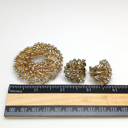 Vintage Hattie Carnegie Rhinestone Brooch & Earrings, Gold Plated, 1950s