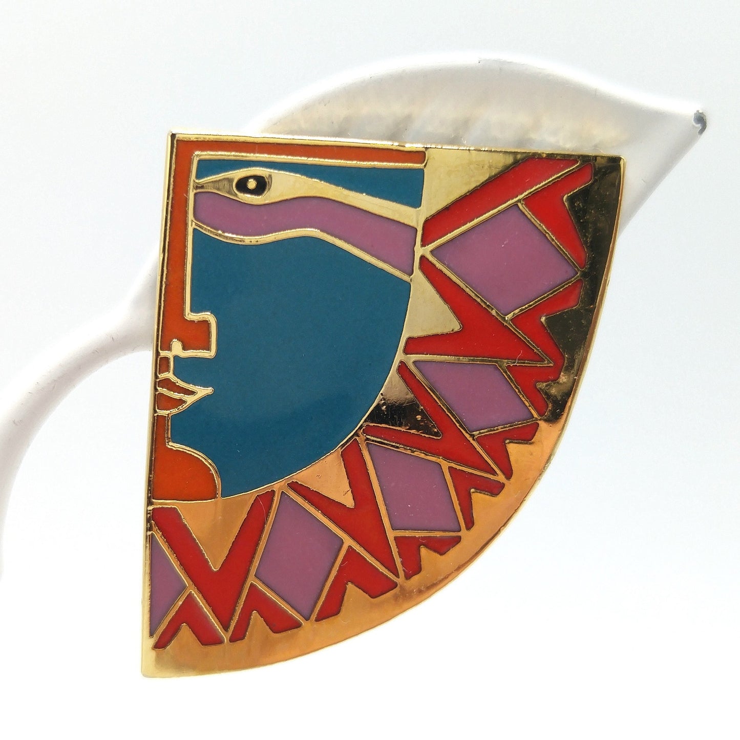 Laurel Burch "Sunface" Clip Earrings, Gold Plated Cloisonne Enamel, 1980s Vintage Jewelry