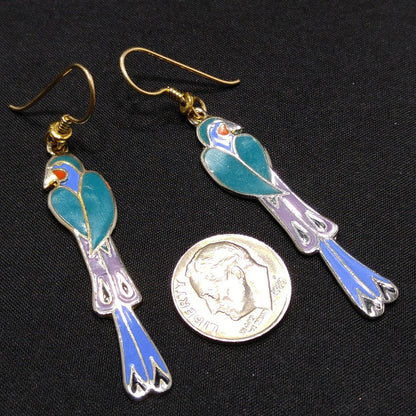 Laurel Burch "Mayan Bird" Long Earrings, Cloisonne & Enamel, 1980s Vintage