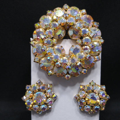 Vintage Unsigned Juliana or Weiss Brooch Earrings Set, Gold Plated, 1960