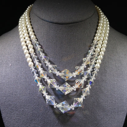 Faux Pearl AB Crystal Beaded Necklace, 3 Strands, 1950s Vintage Jewelry
