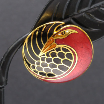Vintage Laurel Burch "Mynah Bird" Post Earrings, Red Black Enamel, Gold Plated