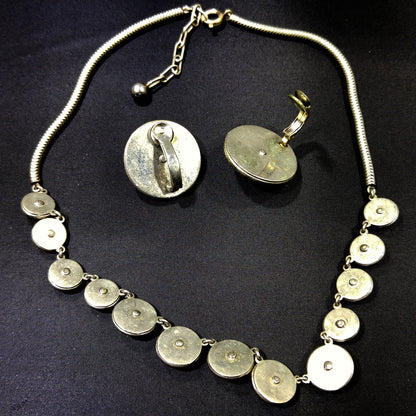 Mother of Pearl Rhinestone Jewelry, Necklace & Clip Earring Set, 1940s Vintage