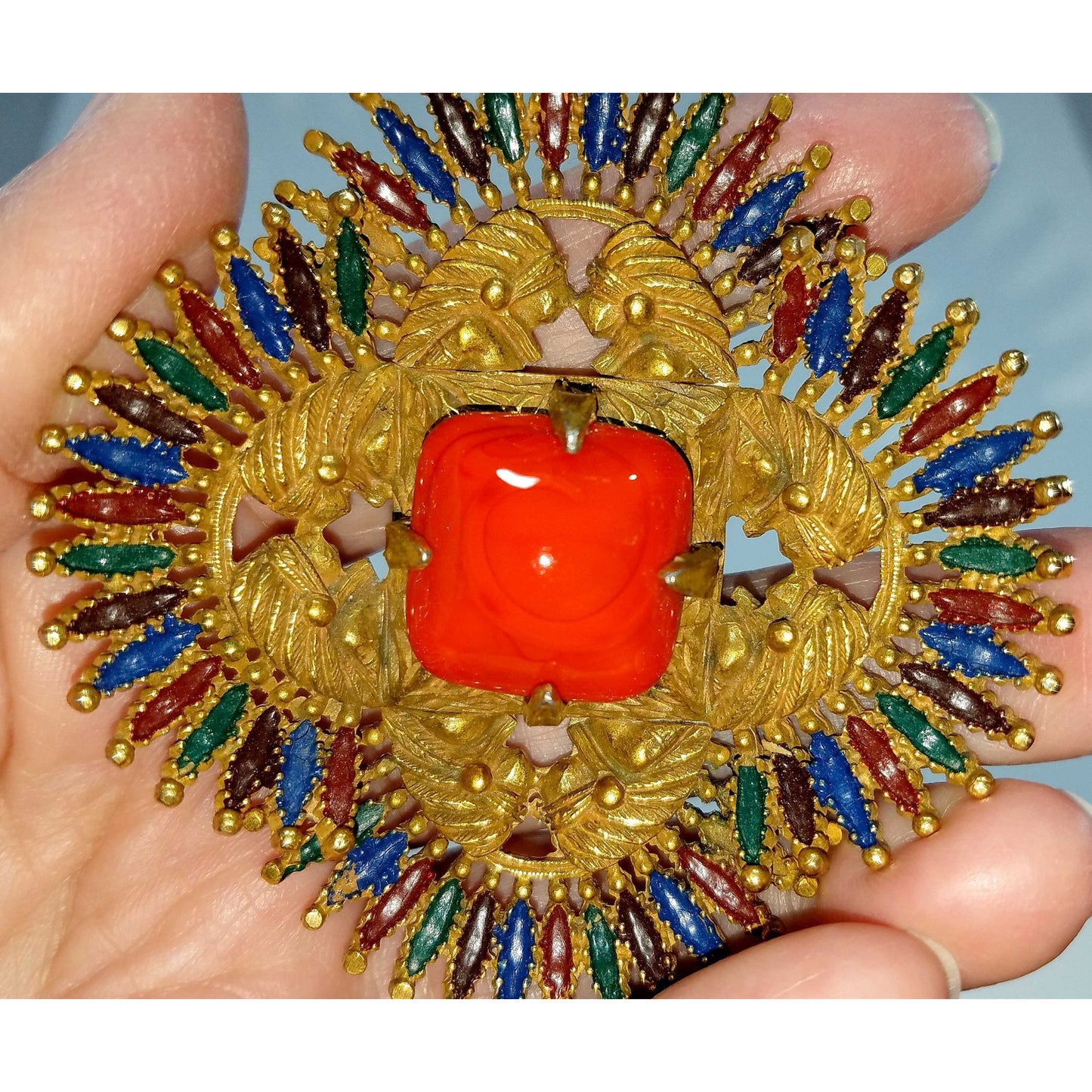 Vintage Castlecliff Pendant Orange Art Glass Gold Enamel Large Statement Jewelry