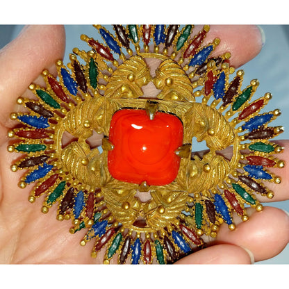Vintage Castlecliff Pendant Orange Art Glass Gold Enamel Large Statement Jewelry