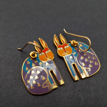 Laurel Burch "Rabbit For Ross" Earrings, Enamel Cloisonne Gold Plated, 1980s