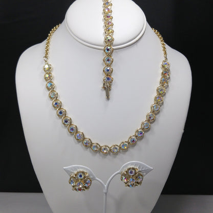 Aurora Borealis Rhinestone Necklace Bracelet & Earrings, Gold Plated, 1960s Vintage Jewelry