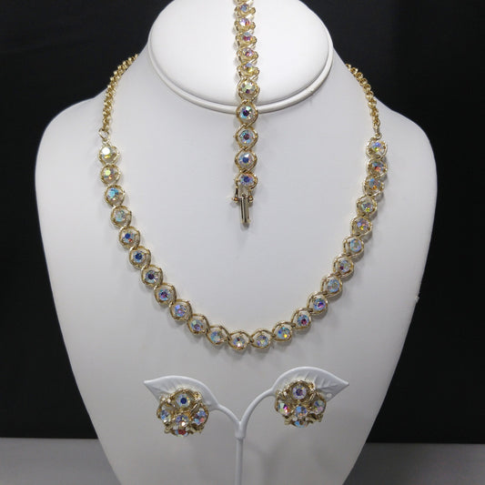 Aurora Borealis Rhinestone Necklace Bracelet & Earrings, Gold Plated, 1960s Vintage Jewelry