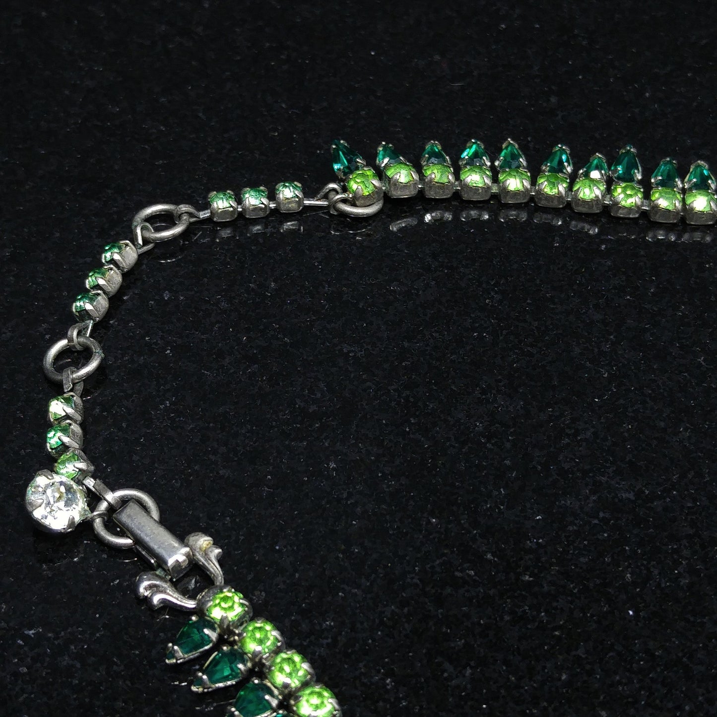 Vintage Sherman Green Rhinestone Necklace, Vaseline or Uranium Glass, 1950s