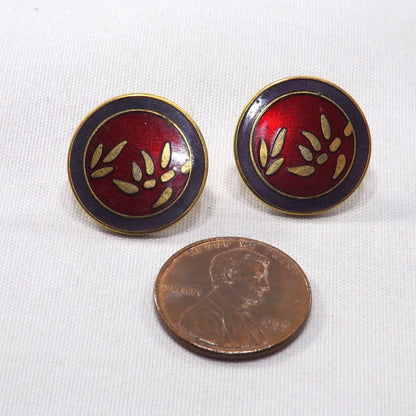 Laurel Burch Bamboo Red Post Earrings, Cloisonné Gold Plated, 1980s Vintage