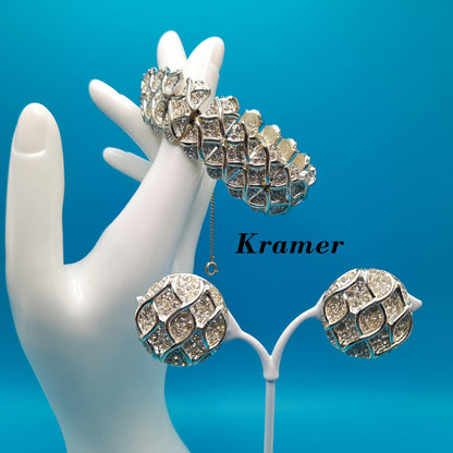 Vintage Kramer Bracelet Clip Earrings Set, Clear Rhinestones, Rhodium Plated, 1960s Jewelry