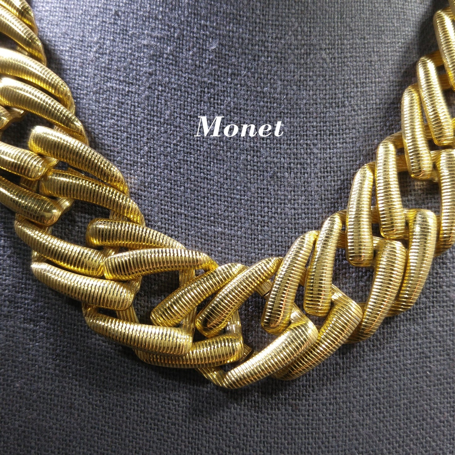 Monet Large Link Wide Necklace, Gold Plated Textured Links, 1960s Vintage Jewelry