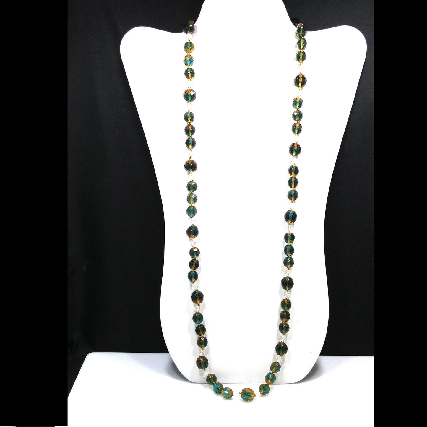 Vintage Czech Two Toned Glass Bead Long Necklace, Teal & Topaz Faceted Beads, 1970s Vintage Jewelry
