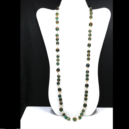Vintage Czech Two Toned Glass Bead Long Necklace, Teal & Topaz Faceted Beads, 1970s Vintage Jewelry