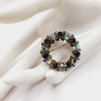 Vintage AB Rhinestone Circle Brooch Silver Tone Aurora Borealis Crystals – 1.5”