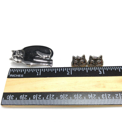 Laurel Burch Cat Brooch & Earrings, Rhodium Plated, 1980s Vintage Jewelry