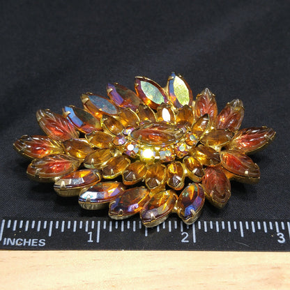 Topaz Rhinestone Lava Glass Brooch, Gold Plated, 1960s Vintage Jewelry