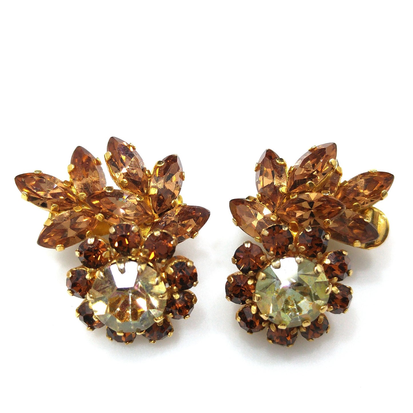 Schoffel Austria Topaz Jonquil Rhinestone Brooch & Earrings, Gold Plated, 1950s Vintage Jewelry