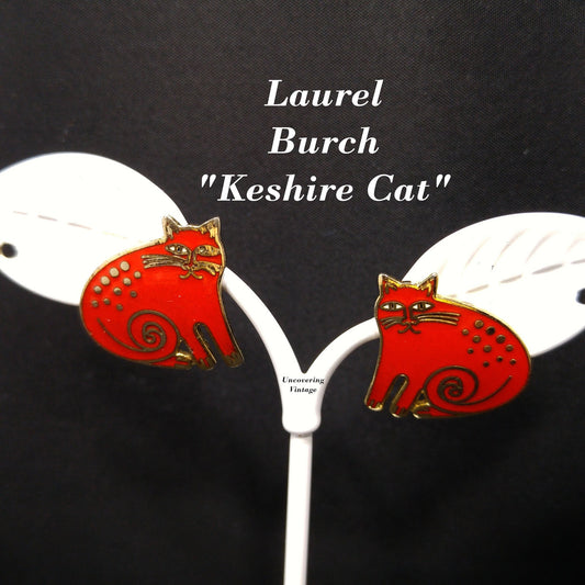 Vintage Laurel Burch "Keshire Cat" Red Post Earrings, Gold Plated