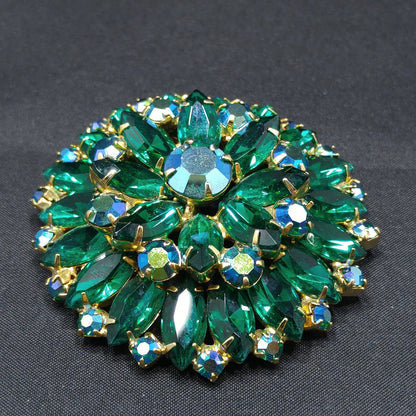 Green Aurora Borealis Rhinestone Brooch, Gold Plated, Two Tier, 1960s Vintage Jewelry