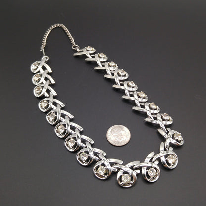 Clear Rhinestone Choker Necklace, Rhodium Plated, 1960s Vintage Jewelry