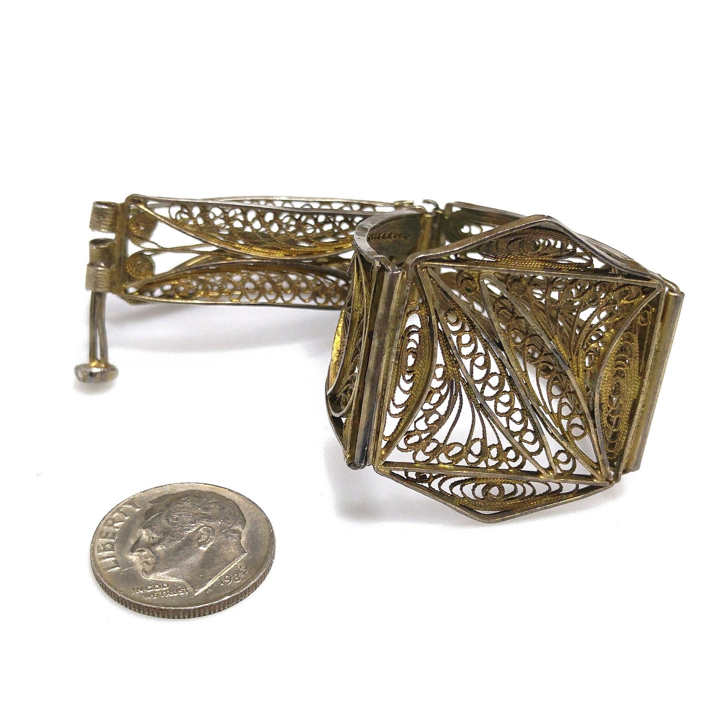 1920s Art Deco Cannetille Filigree Bracelet Gold Vermeil Silver 7 Inch