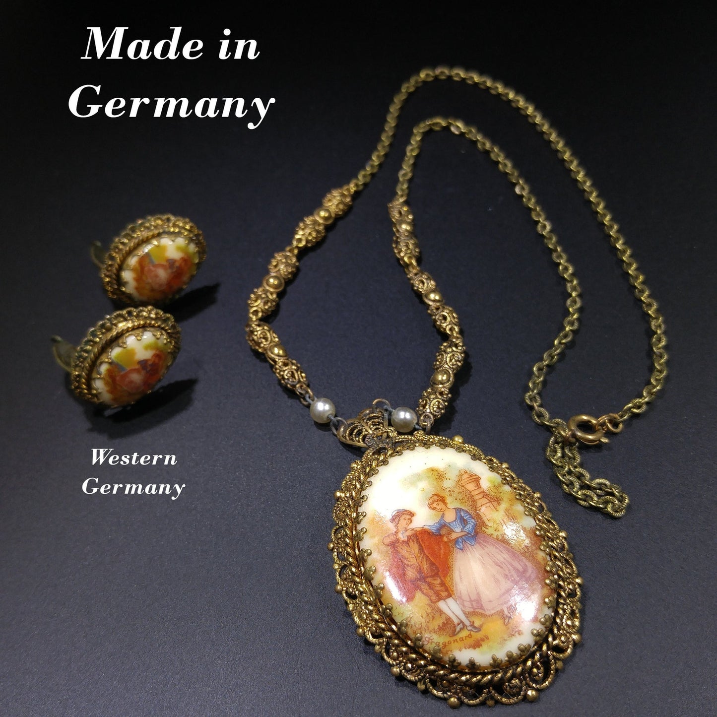 Germany Cameo Pendant Necklace Brooch Earrings Set, Filigree 1940s Vintage Jewelry