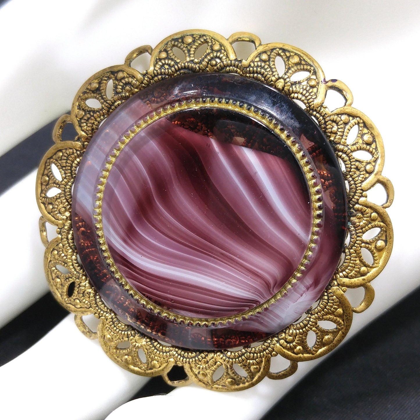 Western Germany Purple Art Glass Brooch, Filigree Frame, 1950s Vintage Jewelry